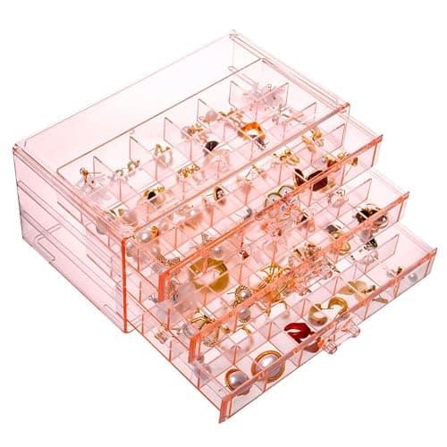 YUFONG Earring Storage Box Organizer 3 Drawers Acrylic Jewelry Storage Box Holder Transparent Jewelry Display Stand with 72 Small Compartments Gift for Women Girls (Clear Pink) - Image 1