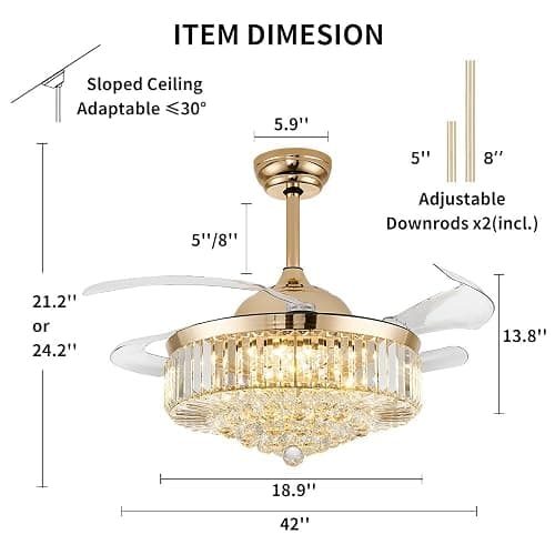 Deliyfans 42'' Fandelier Ceiling Fans with Light, Chandelier Ceiling Fan, Retractable Crystal Ceiling Fan for Bedroom, Living Room, 3 Color Change, LED Dimmable, 6 Speeds, Reversible DC Motor-Gold thumbnail 2