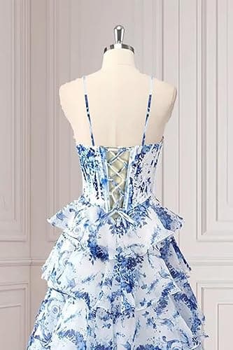 camftbo Spaghetti Straps Short Homecoming Dresses for Teens 2025 A Line Corset Tiered Cocktail Party Dress - Floral Dusty Blue - 4 thumbnail 2