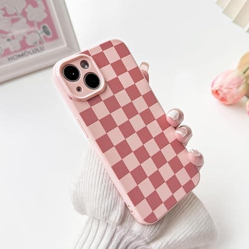 NITITOP Compatible with iPhone 15 Plus Case Cute Aesthetic Checkerboard Checkered Pattern for Women Girl Trendy Slim Fit TPU Silicone Shockproof Full Camera Protection Cover - Pink thumbnail 6