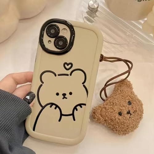 Cute Brown Teddy Bear Pattern Phone Case with Kawaii 3D Cartoon Bear Hangings iPhone 15, Non-Slip Design and Shock Absorption, Phone Case for Teen Girls, Boys, Women and Men(iPhone - 15) thumbnail 3