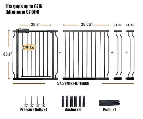 Vothco Wide Baby Gate 67-71.5 Inch Heavy Duty Steel Safety for Stairs, Pressure-Mounted Indoor Dog, No Drilling, Modern Home Design, Black thumbnail 2