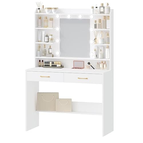 Hzuaneri Vanity Desk with Mirror and Led Light, Adjustable Brightness, Dressing Table with Shelves and 2 Drawers, for Bedroom, 40 x 100 x 149 Cm, White DT38703XCA thumbnail 8