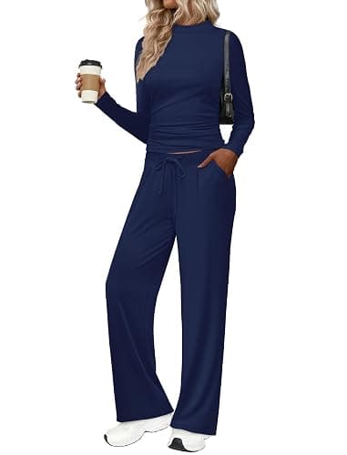 Sampeel Two Piece Lounge Set for Women 2 Piece Fall Outfits 2025 Mock Neck Ruched Tops Wide Leg Pants Travel Airport thumbnail 2