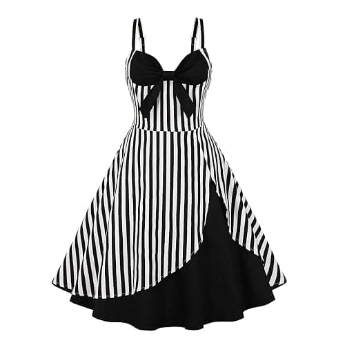 Women Spaghetti Straps 50s Vintage Stripes Cocktail Party Swing Dress Sleeveless Color Block Retro 1950s Audrey Hepburn Rockabilly Prom Tea Dress Wedding Fit Flare A Line Midi Dress Black-Stripes L - Image 1