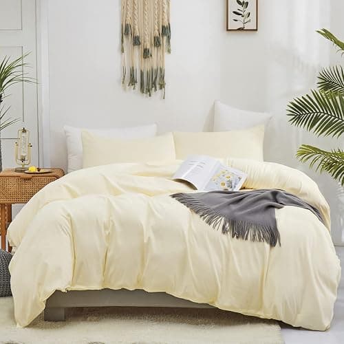 KAREVER Light Yellow Comforter Set Queen Off White Bedding Set Men Beige Breathable Ivory Bedding Set Women Soft Off White Queen Ivory Bedding Comforter Set Queen - Image 1