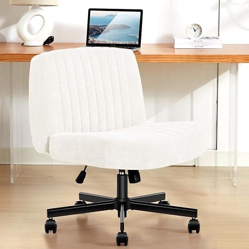 TUKAKA Criss Cross Chair with Wheels,Thick Padded Fabric Cross Legged Office Desk Chair with Pocket Spring Cushion,Dual-Purpose Base,Wide Adjustable Computer Home Office Vanity Chair,Cream White - Image 1