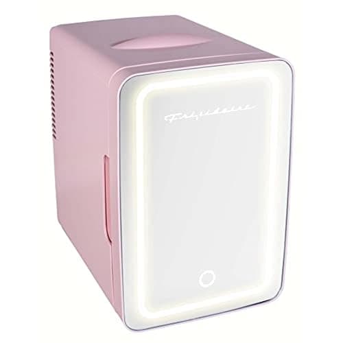 FRIGIDAIRE Mini Personal Fridge Cooler, LED Lighted Mirror, 6.5L Capacity, 9 Cans, 100% Freon-Free & Eco Friendly, for Makeup, Skincare, Portable, Pink - Image 1