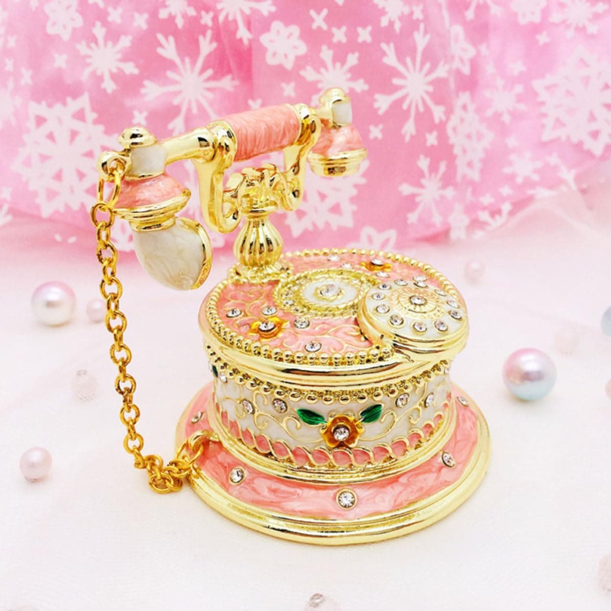 Ipetboom Jewelry Box Pink Telephone Shaped with Alloy Rhinestones Vintage Lightweight Trinket Organizer for Rings, Necklaces and Earrings Table Decor for Home thumbnail 4