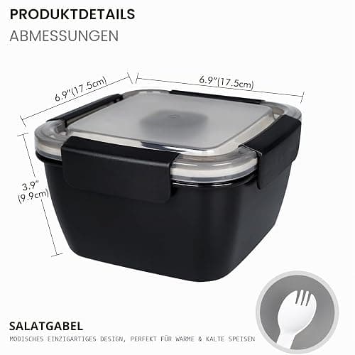 Greentainer Lunchbox Auslaufsichere Bento Box mit 1 Gabel, Salatbehälter mit Dressingbehälter, 3 Fächer Salatbox-to-go für Schule,Arbeit,Picknick, Reisen,Camping (Schwarz, 1500 ML) thumbnail 3