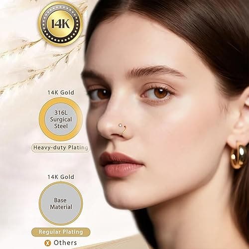 12PCS Hypoallergenic 14K Gold Plated 18G Nose Rings Studs Set for Women Men:3Pcs nose rings & 6Pcs L Shaped Nose Studs & 3Pcs Clear Nose Studs Gold/Silver 316L Surgical Stainless Steel Nose Piercing Jewelry thumbnail 3