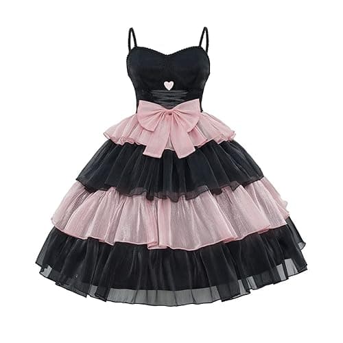 ZZEQYG Womens Lolita Dress for Girl Gothic pink puff sleeve dress with Bow - Medium - Blackpink-jsk