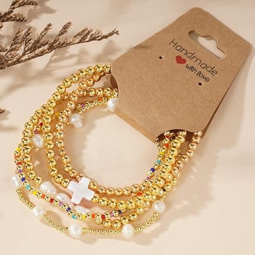 SHINUS BOHO 14K Gold Pearl Beaded Cross Bracelets Stack Set for Women,Stretch Boho Colorful Christian Beads Ball Jewelry Trendy Gift thumbnail 6