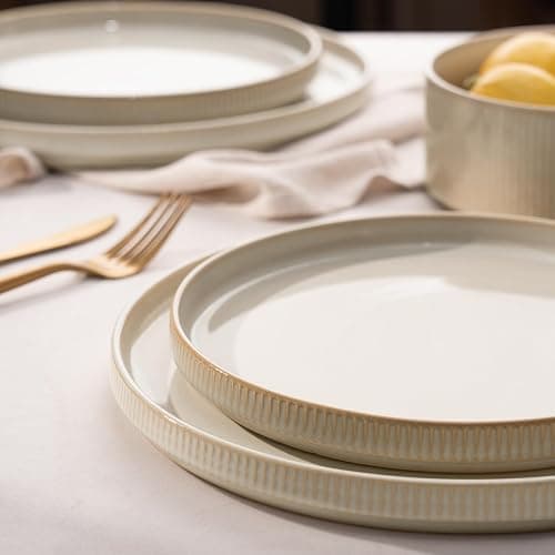 Richmount Star Dinnerware Sets, Plates and Bowls Set for 4, 12 Piece Dish Set, Ribbed, Cappuccino White thumbnail 2