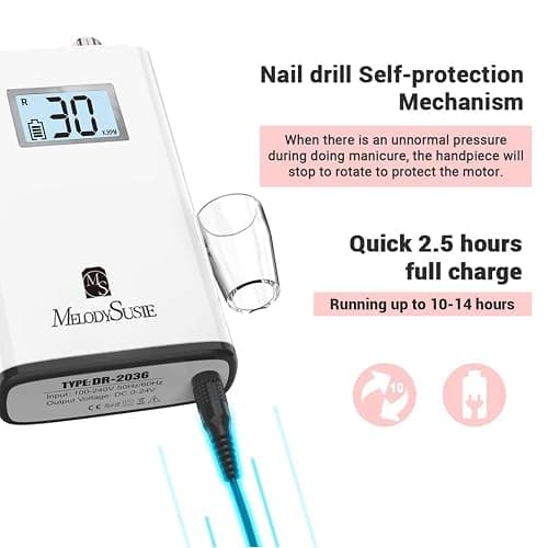 MelodySusie Professional Rechargeable 30000 rpm Nail Drill,SC320H Portable Electric E File Scamander, Acrylic Gel Grinder Tools with 6 Bits and Sanding Bands for Manicure Pedicure Carve Polish (White) thumbnail 6