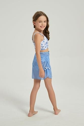 QJQ Girl's 3 Piece Floral Swimsuit Cute V Neck Bikini Set High Waisted Bathing Suit Sheer Mesh Cover Up Skirt thumbnail 5