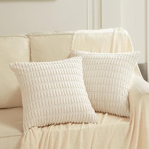 Fancy Homi 2 Packs Boho Decorative Throw Pillow Covers 18x18 Inch for Living Room Couch Bed Sofa, Rustic Modern Farmhouse Home Decor, Soft Corduroy Cream Square Cushion Case 45x45 cm - Image 1