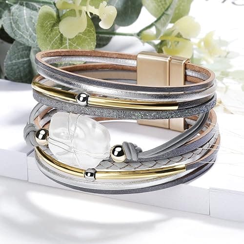 Fesciory Leather Wrap Bracelet for Women, Boho Western Stacked Cuff Jewelry | Stackable Bracelets, Easy-On Clasp, Daily Wear, Pairs with Boho Western Outfits, Gift for Women thumbnail 4