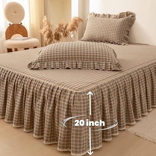 4pcs Plaid Duvet Cover Set Queen Size - 100% Washed Cotton Brown Checkered Gingham Bedding, Ultra Soft with Ruffle Edges, Includes 1 Duvet Cover, 1 Fitted Sheet with Bed Skirt, 2 Pillow Shams thumbnail 5