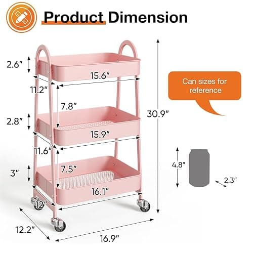 UOCFYK 3-Tier Metal Rolling Utility Cart, Small Rolling Cart Kitchen Trolley Bathroom Laundry Room Bar Office Shelves Storage Organizer Shelving Unit with Caster Wheels for Narrow Places, Pink thumbnail 2