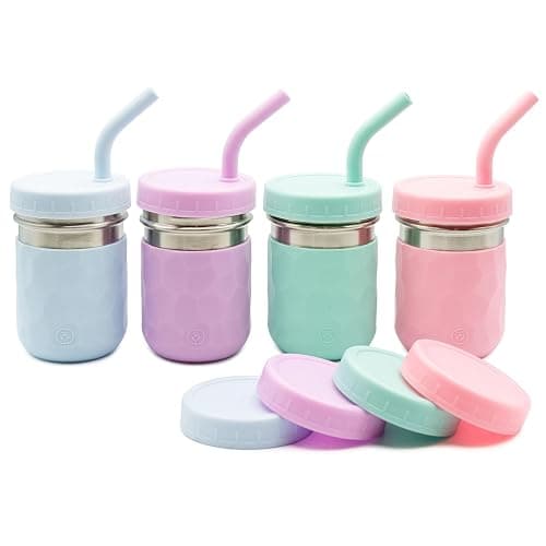 WeeSprout 2-in-1 Drinking Cups for Kids, Durable Stainless Steel Tumbler for Smoothies, Silicone Straws with Stoppers, Premium Plastic Twist Lids, Easy-Grip Sleeves, Set of 4 Dishwasher Safe Kid Cups - Image 1