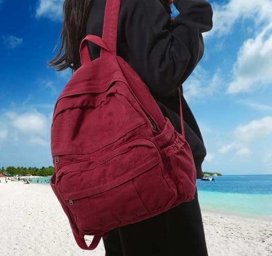 GAMLFL Burgundy Red Canvas Backpack for Women Retro Aesthetic Rucksack Basic Backpack for High School/College Students Travel Laptop Bag thumbnail 2