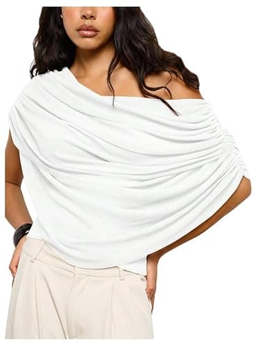 Milumia Women's Off The Shoulder Ruched Mesh Top Draped Asymmetrical Short Sleeve T Shirts - Image 1