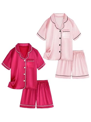 Vopawetty Satin Pajamas for Girls, 4-Piece Short Sleeve Button Down Silky PJ Set - Image 1