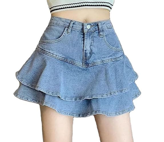 SMIUPIN Women's Casual Denim Mini Skirt Ruffled Slim A-line Pleated Jean Short Skirt - Image 1