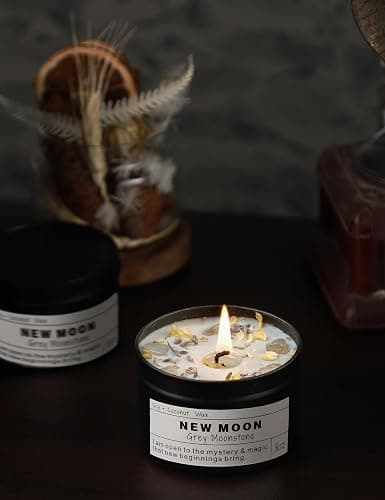 New Moon Gray Moonstone New Beginnings Ritual Energy Gift Grounding Manifestation Intention De-Stress Good Fortune Success Protection Meditation Magic Hande Made Candle(8oz). thumbnail 6