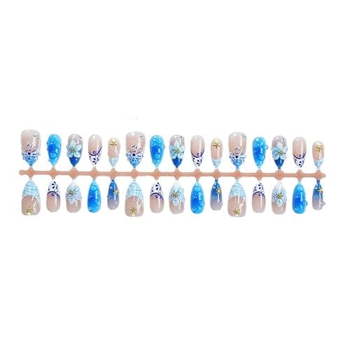 Auroriel 24 Stück Medium Almond Press on Nails Blau French Tip mit 3D Blumen & Gold Seestern Rhinestones Wiederverwendbare Acrylic Fake Nails Full Cover für Frauen Sommer Strand Hochzeit Party thumbnail 4