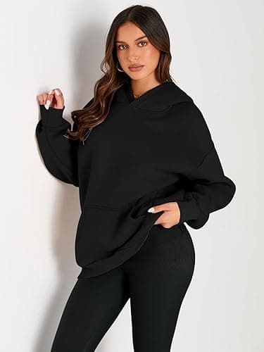 Trendy Queen Womens Oversized Hoodies Fleece Sweatshirts Fall Fashion 2025 Pullover Sweaters Winter Clothes - Black - Small thumbnail 2