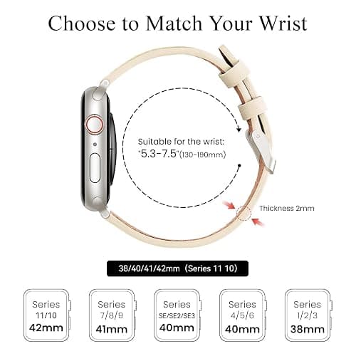 SUNFWR Leather Strap for Apple Watch 42mm 41mm 40mm 38mm 44mm 45mm 46mm | Slim&Thin Genuine Leather iWatch Replacement Elegant Band fits iWatch Series 11 10 9 8 7 6 5 4 3 2 1/SE thumbnail 2