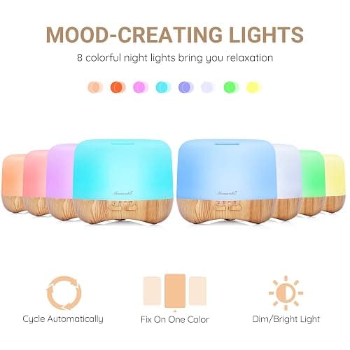 Homeweeks 300ml Essential Oil Diffuser, Quiet Aromatherapy Mist Diffusers for Essential Oils, Wood Grain, Ultrasonic, Remote Control, Timer, 7 Colors Light for Bedroom (300ml) - Wood - 300 ml thumbnail 6
