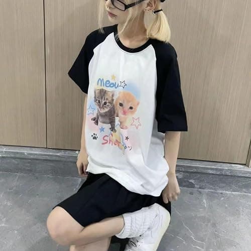Women's Kawaii Cat Print T-Shirts Cartoon Letter Japan Style Kitten Short Sleeve Cute Print Tops Sweet Girl Y2k Tee Tops thumbnail 4