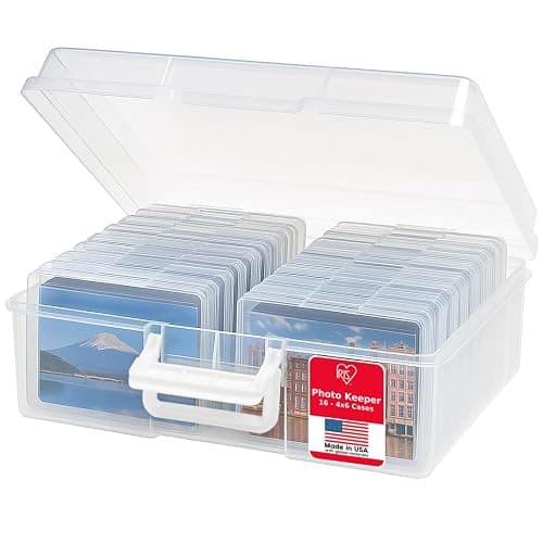 IRIS USA 4" x 6" Photo Storage Box Craft Keeper, Transparent Handle Container with 16 Organization Holder Cases for Pictures, Tasks, Scrapbooking, Stationery Storage, Clear - Image 1
