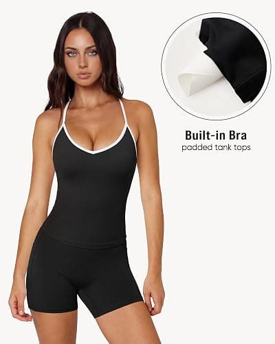 OMKAGI Racerback Workout Tops for Women Built in Bra Cute Open Back V Neck Longline Sports Bra Top thumbnail 3