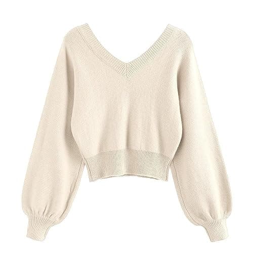 ZAFUL Women's Cropped Sweater V-Neck Long Sleeve Crop Sweater Pullover Jumper Knit Top thumbnail 3