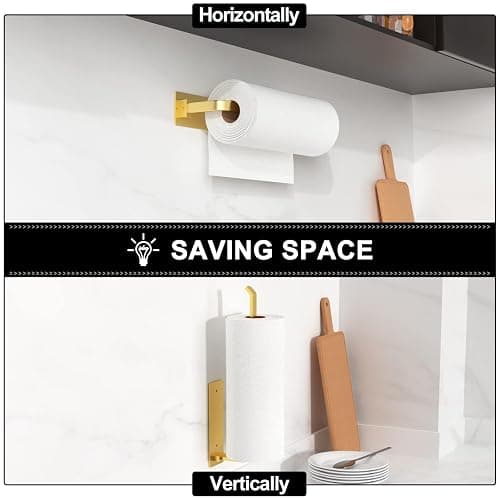 Paper Towel Holder - Self-Adhesive or Drilling, Gold, Upgraded Aluminum Kitchen Roll Dispenser Under Cabinet, Lighter but Stronger Than Stainless Steel! thumbnail 4