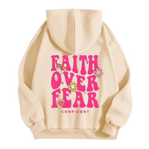 Lubpow Girl's Faith Over Fear Hoodie Christian Religious Inspirational Sweatshirt for Teen Girls Cute Cartoon Graphic Hoodies - Image 1