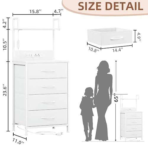 Somdot White Nightstand with Charging Station and LED Lights, Bedside Table Tall Night Stand with 4 Fabric Drawers and Top Shelf for Bedroom Guest Room Dorm Hallway thumbnail 3