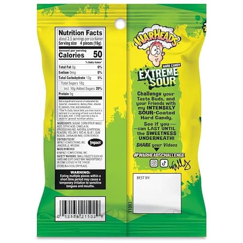 WARHEADS - Extreme Sour Hard Candy - Assorted Flavors - Sour Apple, Black Cherry, Blue Raspberry, Lemon & Watermelon Flavors - 2 oz. Bag thumbnail 2