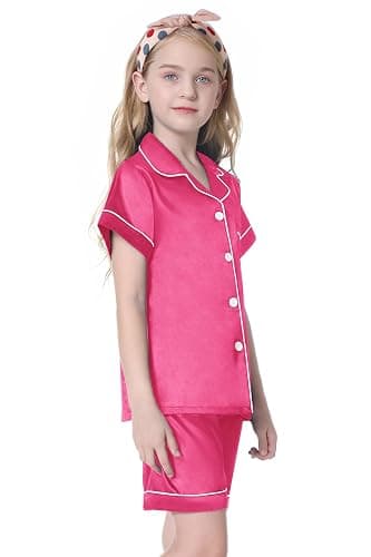 Umeyda Women & Girls Pajamas Set, Soft Satin Lightweight Silk Button-Down Top with Shorts 2 Piece PJS for Mom Boys Kids Gifts thumbnail 4