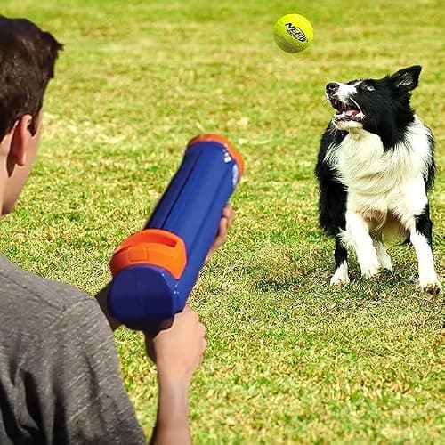 Nerf Dog Tennis Ball Blaster Dog Toy Gift Set, Tennis Ball Dog Fetch Toy Launches up to 50 ft, Dog Ball Thrower for All Breeds Includes Translucent Blue Tennis Ball Launcher and 3 Dog Tennis Balls thumbnail 7