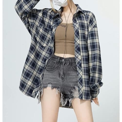 Plaid Flannel Shirt for Women Y2K Oversized Fairy Grunge Long Sleeve Button Down Blouse Alt Goth Tops thumbnail 2