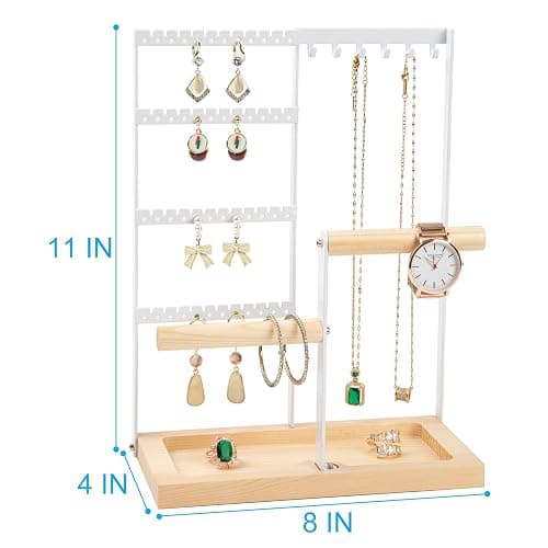 Jewelry Organizer Stand, Jewelry Holder, Lengnoy 4 Tier Earring Holder with 48 Holes and 6 Hooks Necklace Organizer Wood Box for Necklace Bracelet Earring Ring, White thumbnail 3