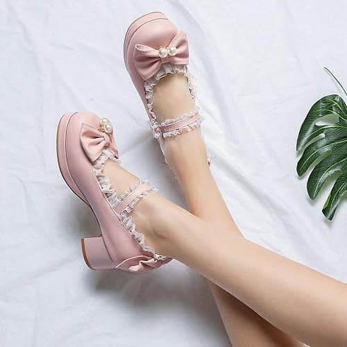 LUXMAX Women Kawaii Mid Block Heel Mary Jane Rockabilly Pumps with Bow Platform Chunky Heel Cute Sweet Shoes - 5 - Pink1 thumbnail 6