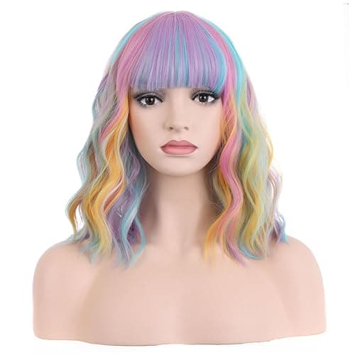 PATTNIUM 14 Inches Rainbow Wig Short Wavy Wig Pastel Rainbow Wig with Bangs Multi Color Wig for Women Girls Heat Resistant Synthetic Cosplay Costume Wig (Rainbow) - Multi-color thumbnail 2