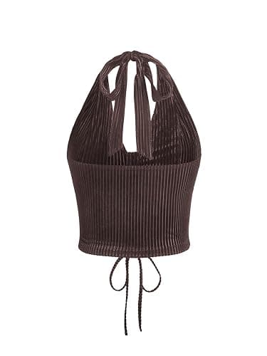 WDIRARA Women's Plus Size Lace Up Front Halter Crop Top Open Back Tops thumbnail 2