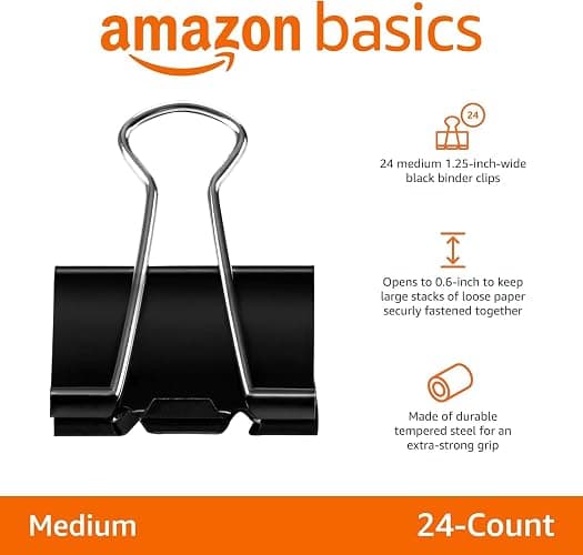Amazon Basics Sturdy Binder Clips, Office Supplies, Medium 1.25 inches, Document Organizing, Sturdy Steel, Black, 24 Count (2 Pack of 12) - Image 1